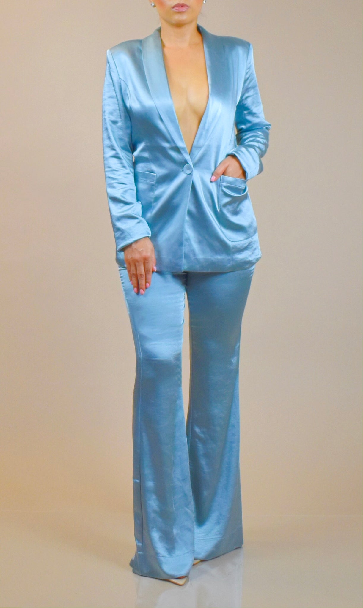 Lady Satin Faux Silk Suit Blazer Jacket Peplum Top Pants Set Business  Formal New | eBay